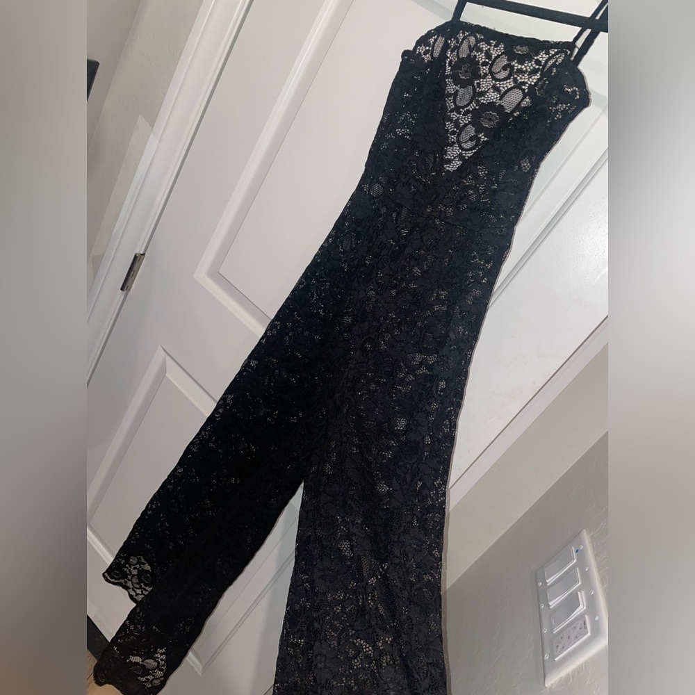 US size 2 ASOS cami black lace jumpsuit , wide legs ,preowned in great condition